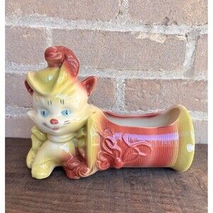 New Old Stock Vintage 50s Hull Pottery Planter Kitten Cat w/ Hat & Thread Spool